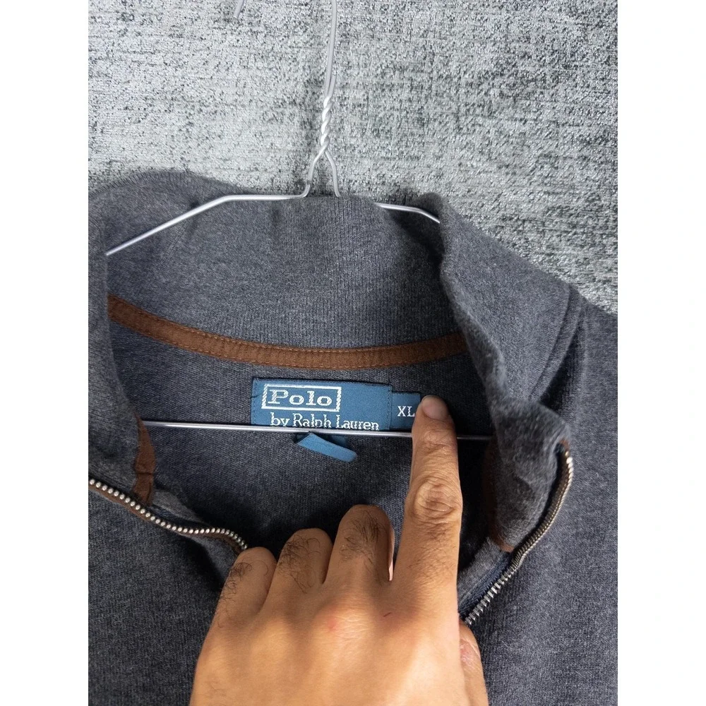 VTG Polo Ralph Lauren Pullover Mens Heather Gray Q‎ Zip Classic Pony Elbow Patch